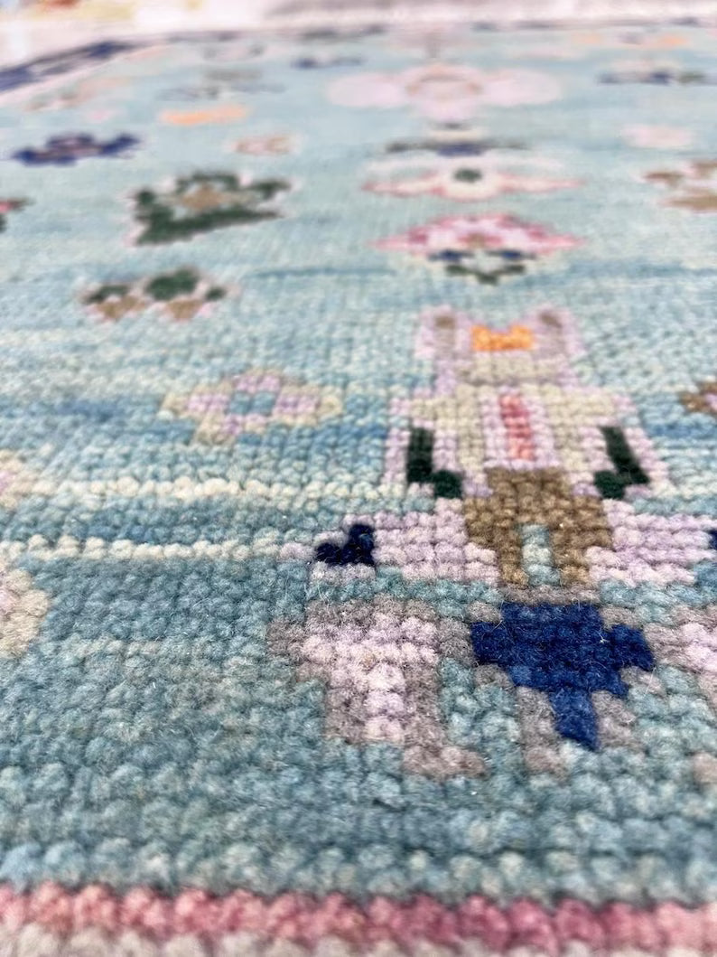 Hand Knotted Turquoise & Navy Blue Oushak Wool Rug