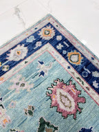 Hand Knotted Turquoise & Navy Blue Oushak Wool Rug