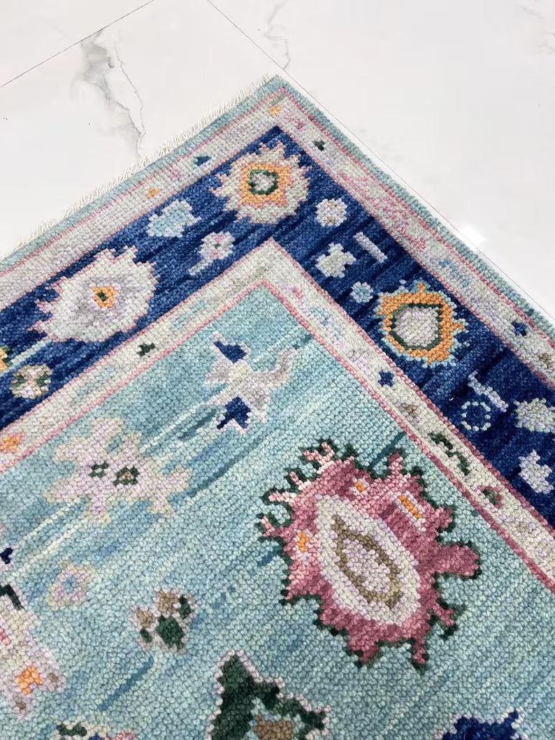Hand Knotted Turquoise & Navy Blue Oushak Wool Rug