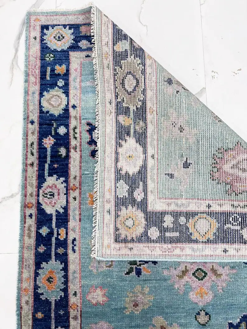 Hand Knotted Turquoise & Navy Blue Oushak Wool Rug