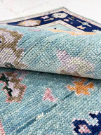 Hand Knotted Turquoise & Navy Blue Oushak Wool Rug