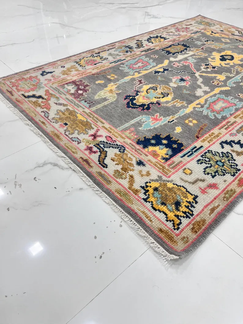 Hand-Knotted Oushak Wool Rug-Modern Charcoal & Vibrant Pastel Palette