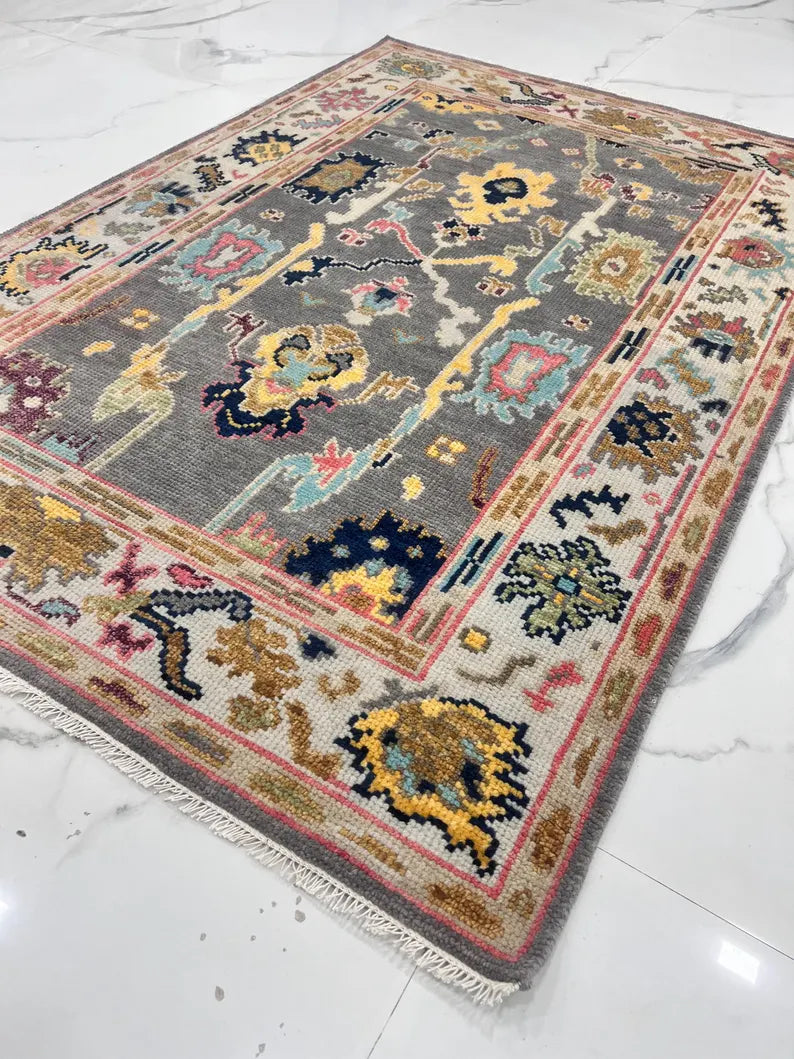 Hand-Knotted Oushak Wool Rug-Modern Charcoal & Vibrant Pastel Palette