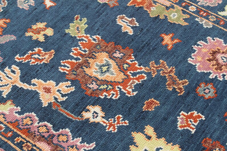 Hand-Knotted Oushak Wool Rug - Authentic Turkish Style Area Rug in Navy Blue