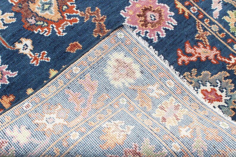 Hand-Knotted Oushak Wool Rug - Authentic Turkish Style Area Rug in Navy Blue