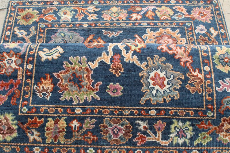 Hand-Knotted Oushak Wool Rug - Authentic Turkish Style Area Rug in Navy Blue