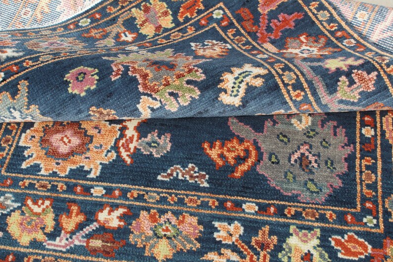 Hand-Knotted Oushak Wool Rug - Authentic Turkish Style Area Rug in Navy Blue
