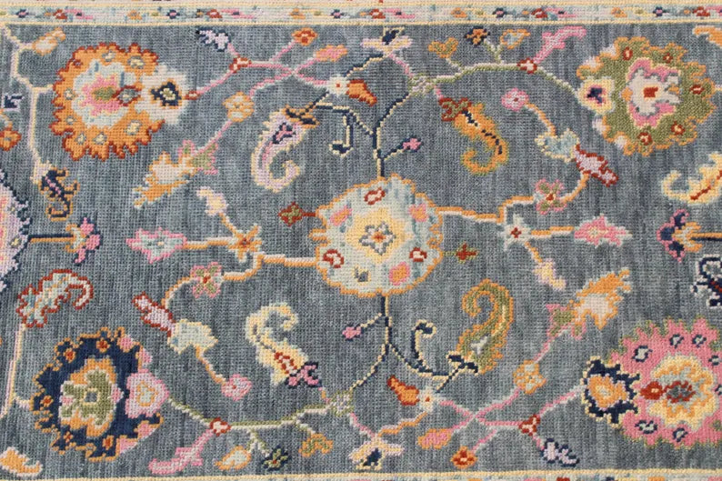 Hand Knotted Wool Oushak Rug, Slate Blue Sage Green Turkish Area Rug