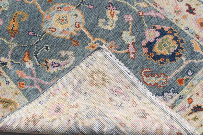 Hand Knotted Wool Oushak Rug, Slate Blue Sage Green Turkish Area Rug