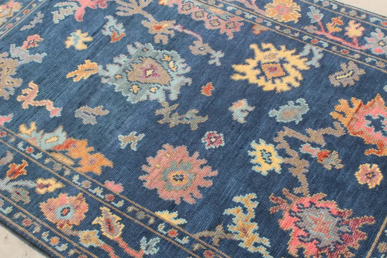 Hand-Knotted Navy Blue Oushak Rug, Traditional Floral Wool Area Rug