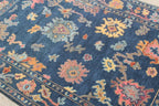 Hand-Knotted Navy Blue Oushak Rug, Traditional Floral Wool Area Rug