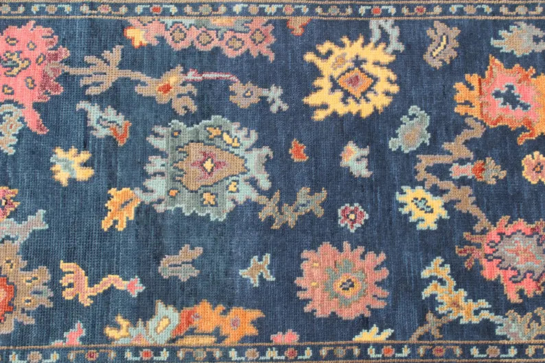 Hand-Knotted Navy Blue Oushak Rug, Traditional Floral Wool Area Rug