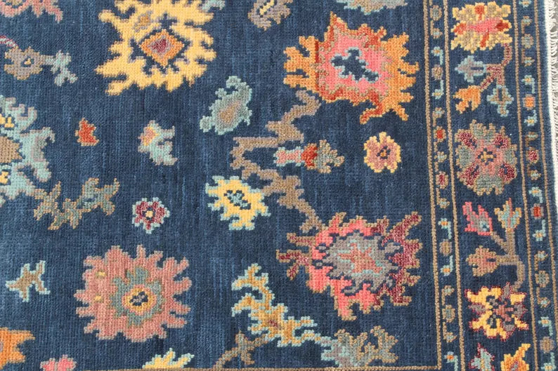 Hand-Knotted Navy Blue Oushak Rug, Traditional Floral Wool Area Rug