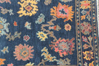 Hand-Knotted Navy Blue Oushak Rug, Traditional Floral Wool Area Rug
