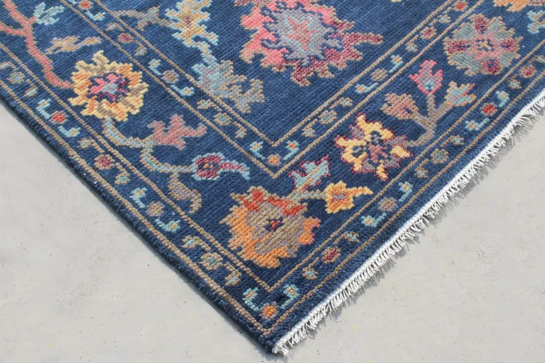 Hand-Knotted Navy Blue Oushak Rug, Traditional Floral Wool Area Rug