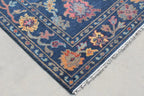 Hand-Knotted Navy Blue Oushak Rug, Traditional Floral Wool Area Rug