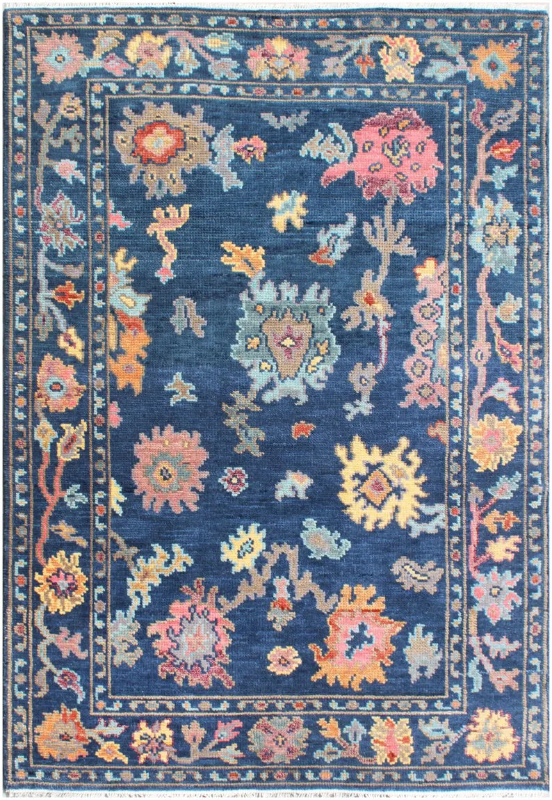 Hand-Knotted Navy Blue Oushak Rug, Traditional Floral Wool Area Rug