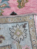 Hand knotted pink Oushak Rug – Custom Pastel Pink & Sky Blue