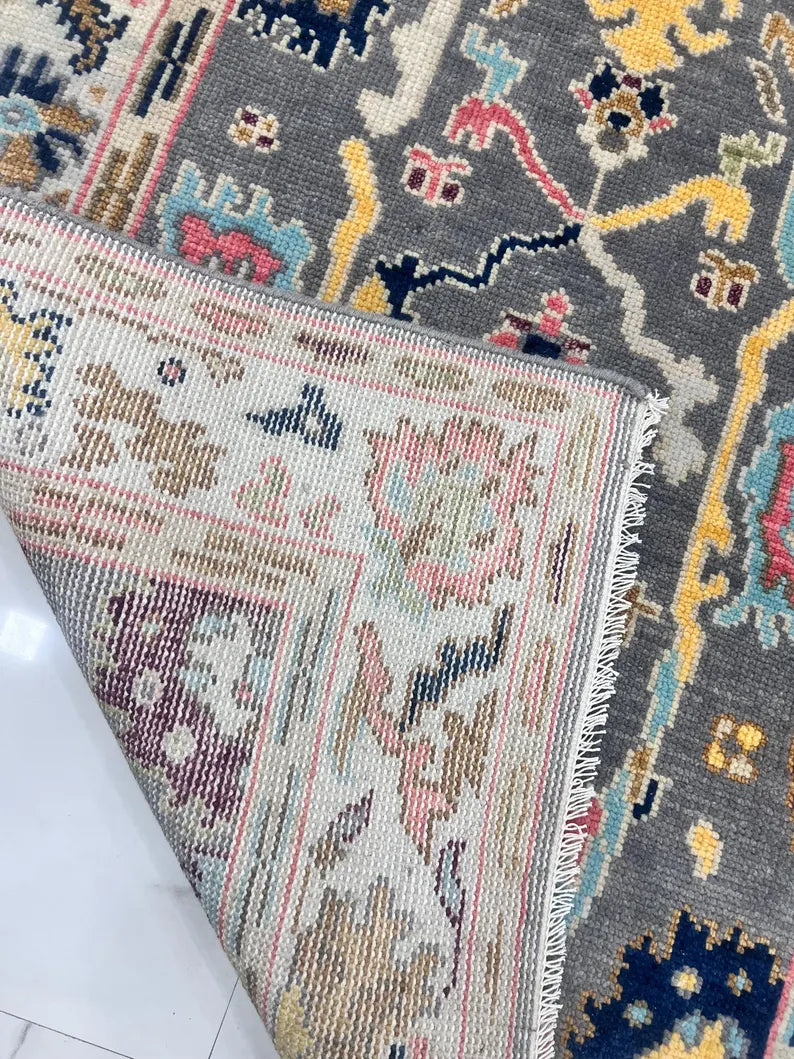 Hand-Knotted Oushak Wool Rug-Modern Charcoal & Vibrant Pastel Palette