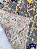 Hand-Knotted Oushak Wool Rug-Modern Charcoal & Vibrant Pastel Palette