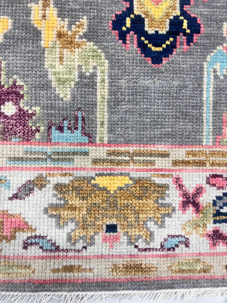 Hand-Knotted Oushak Wool Rug-Modern Charcoal & Vibrant Pastel Palette