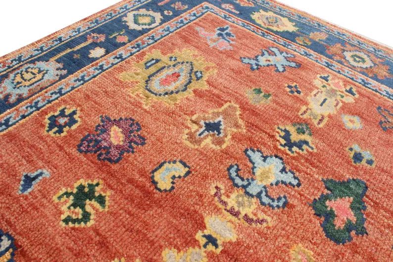 Hand Knotted Oushak Rug Orange Blue Turkish Wool Area Rug