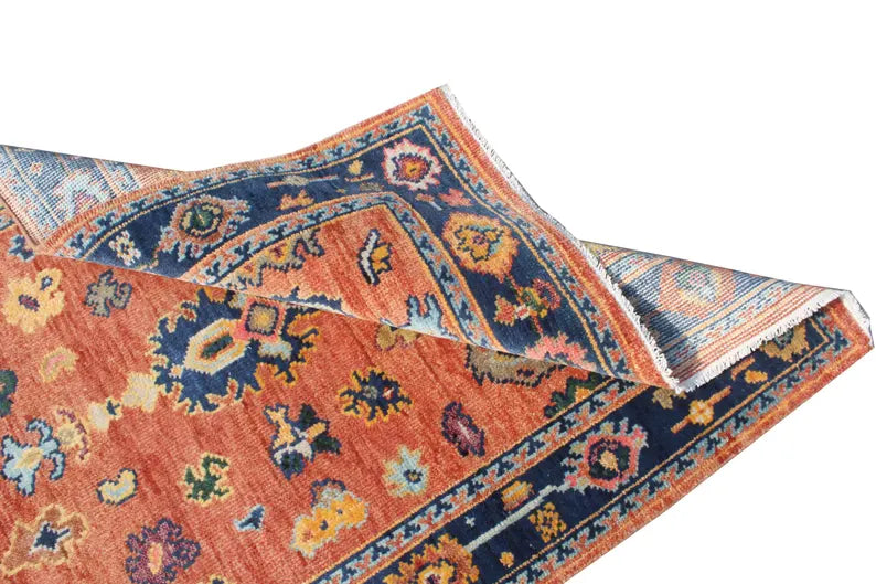 Hand Knotted Oushak Rug Orange Blue Turkish Wool Area Rug