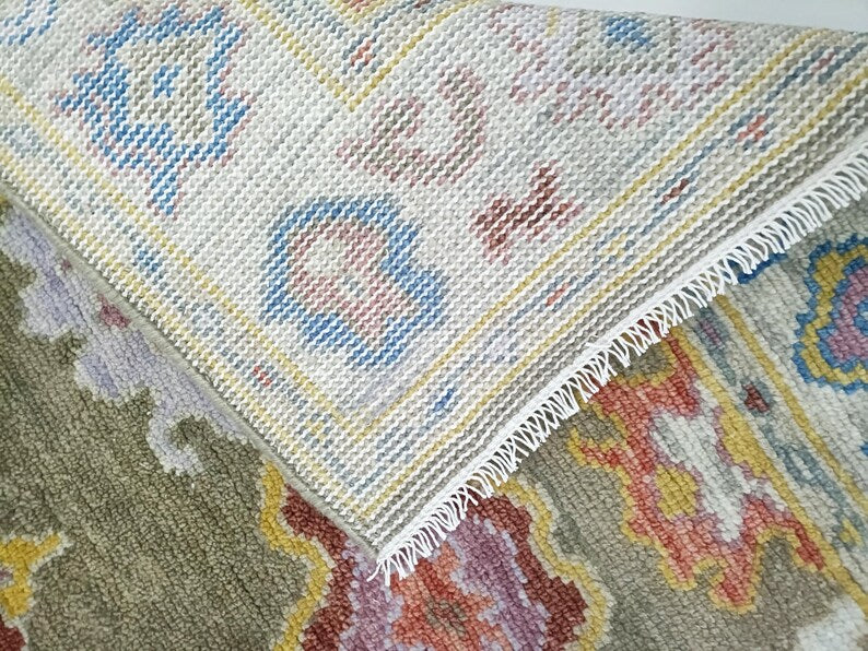 Hand Knotted Oushak Rug olive green Turkish Wool Area Rug