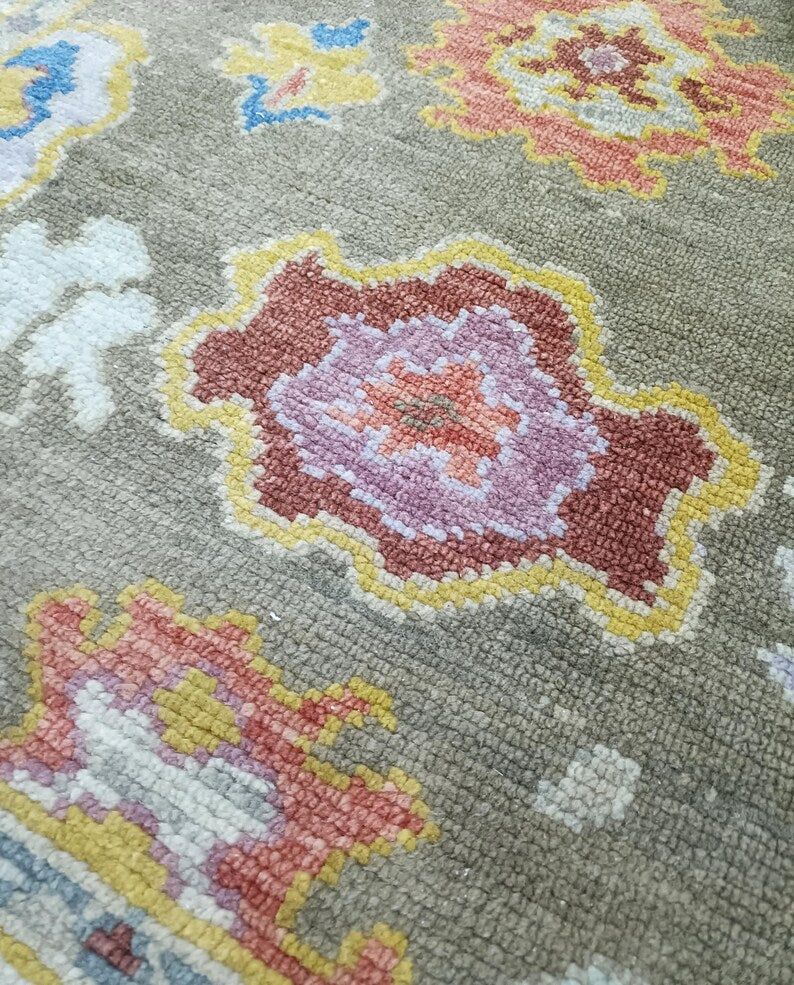 Hand Knotted Oushak Rug olive green Turkish Wool Area Rug