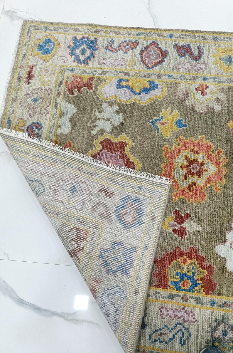 Hand Knotted Oushak Rug olive green Turkish Wool Area Rug