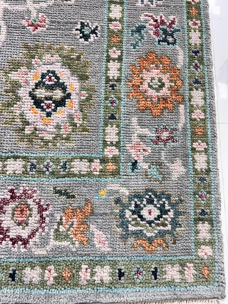 Hand Knotted Oushak Rug Grey Turkish Wool Area Rug