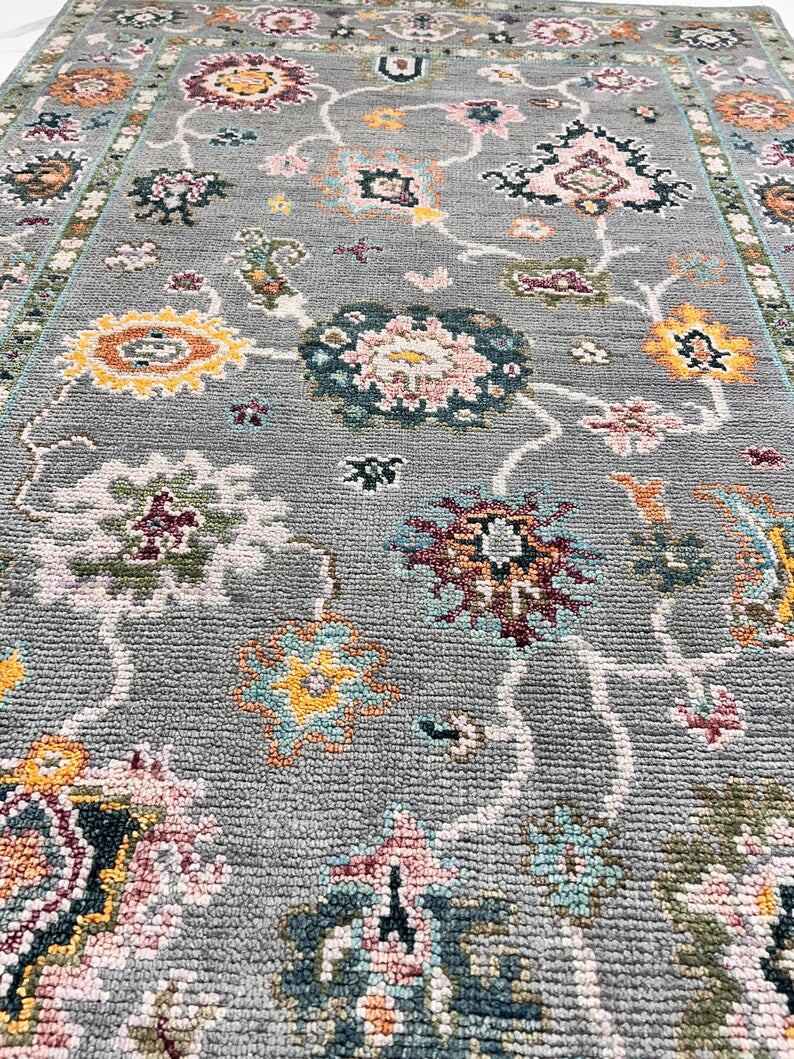 Hand Knotted Oushak Rug Grey Turkish Wool Area Rug