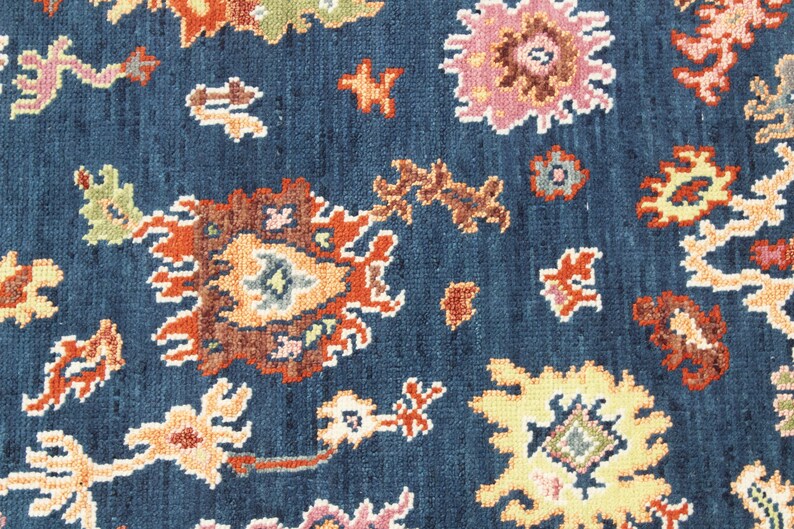Hand-Knotted Oushak Wool Rug - Authentic Turkish Style Area Rug in Navy Blue