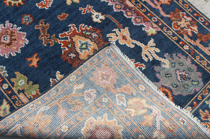Hand-Knotted Oushak Wool Rug - Authentic Turkish Style Area Rug in Navy Blue