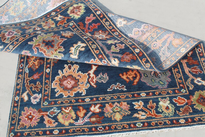 Hand-Knotted Oushak Wool Rug - Authentic Turkish Style Area Rug in Navy Blue
