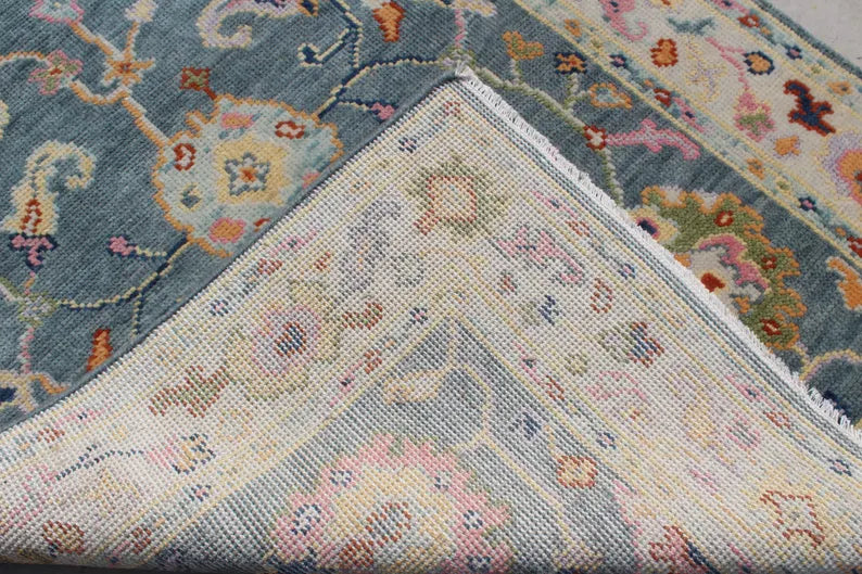 Hand Knotted Wool Oushak Rug, Slate Blue Sage Green Turkish Area Rug
