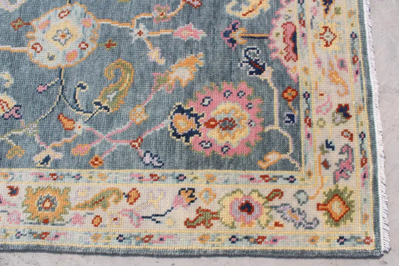 Hand Knotted Wool Oushak Rug, Slate Blue Sage Green Turkish Area Rug