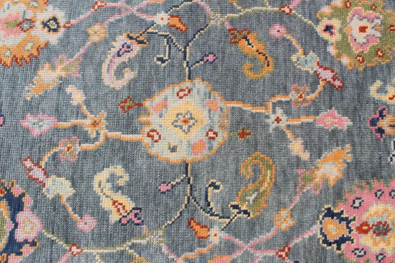 Hand Knotted Wool Oushak Rug, Slate Blue Sage Green Turkish Area Rug