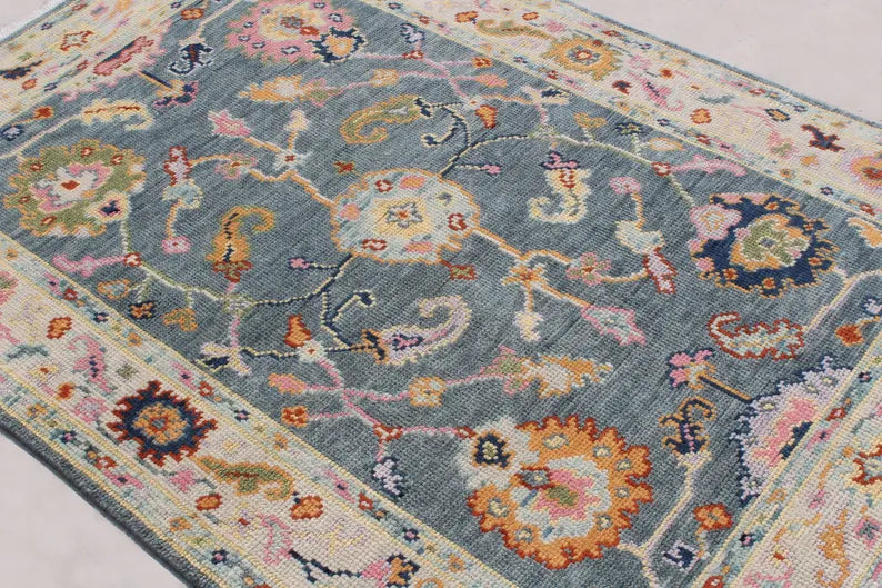 Hand Knotted Wool Oushak Rug, Slate Blue Sage Green Turkish Area Rug