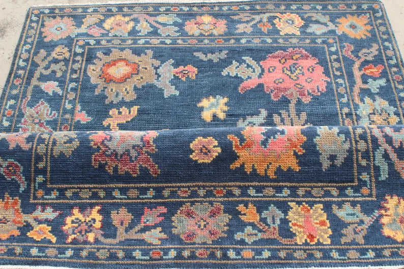 Hand-Knotted Navy Blue Oushak Rug, Traditional Floral Wool Area Rug
