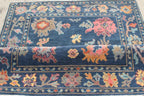 Hand-Knotted Navy Blue Oushak Rug, Traditional Floral Wool Area Rug