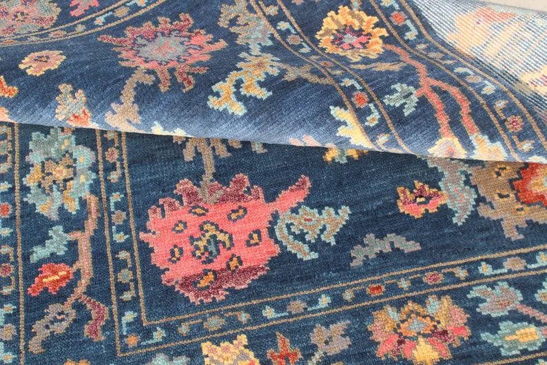 Hand-Knotted Navy Blue Oushak Rug, Traditional Floral Wool Area Rug