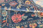 Hand-Knotted Navy Blue Oushak Rug, Traditional Floral Wool Area Rug