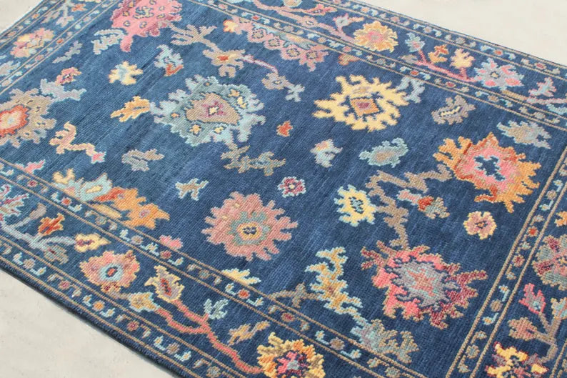 Hand-Knotted Navy Blue Oushak Rug, Traditional Floral Wool Area Rug