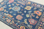 Hand-Knotted Navy Blue Oushak Rug, Traditional Floral Wool Area Rug