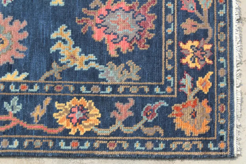 Hand-Knotted Navy Blue Oushak Rug, Traditional Floral Wool Area Rug