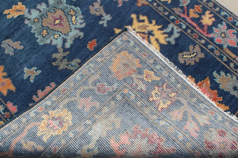 Hand-Knotted Navy Blue Oushak Rug, Traditional Floral Wool Area Rug