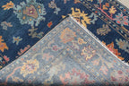 Hand-Knotted Navy Blue Oushak Rug, Traditional Floral Wool Area Rug