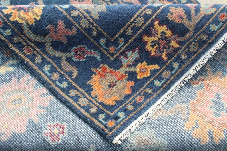 Hand-Knotted Navy Blue Oushak Rug, Traditional Floral Wool Area Rug