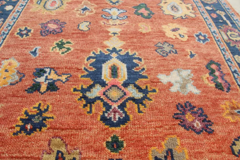 Hand Knotted Oushak Rug Orange Blue Turkish Wool Area Rug